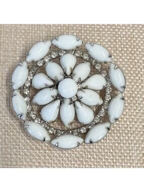 Vintage Krammer White Stones Faux Diamonds Brooch Pin MCM Granny Core 2"D (#19B)